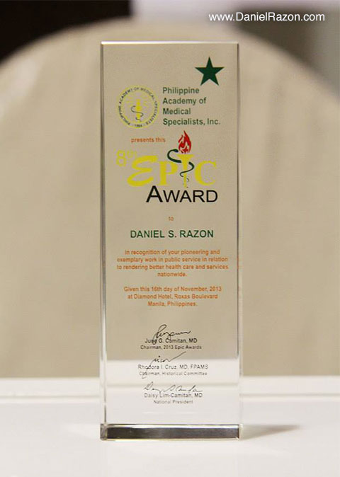 The Philippine Academy of Medical Specialists names Daniel Razon an EPIC awardee for his pioneering and exemplary works on healthcare. (Photoville International | Rey Calinawan Vercide)