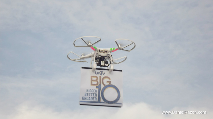 A flying drone carries UNTV Big 10 banner during the station’s anniversary celebration last June 25-26, 2014. UNTV is known for pioneering the use of drone in news coverage in the Philippines. (Photo from Photoville International)