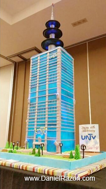 A miniature replica cake of the iconic UNTV Broadcast Tower. The new building is seen to become a famous landmark along the EDSA highway in Quezon City on its completion in 2016. (Photo from Photoville International)