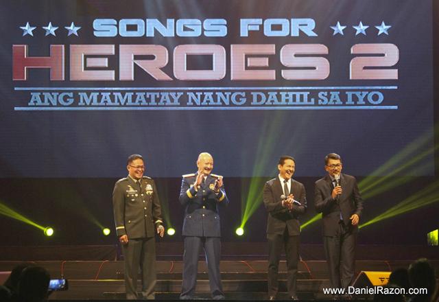 (from left) AFP Chief of Staff Gen. Gregorio Pio Catapang, PNP Officer-in-Charge Gen. Leonardo Espina, and Progressive Broadcasting Corporation president Mr. Atom Henares share the stage with BMPI-UNTV CEO Mr. Daniel Razon as he welcomes the guests of honor in the concert. Prior to Kuya Daniel's speech, Gen. Catapang, Gen. Espina and Mr. Henares provide one of the highlights of the concert as they perform their rendition of Dionne Warwick's classic hit "That's What Friends Are For." (Photo courtesy of Photoville International)