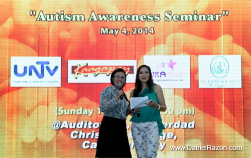 UNTV’s Kaagapay hosts Annie Rentoy and Dr. Daisy Camitan introduce the key partners of the Autism Awareness Seminar held last May 4, 2014 at La Verdad Christian College Auditorium in Caloocan City. (Photo by Photoville International)
