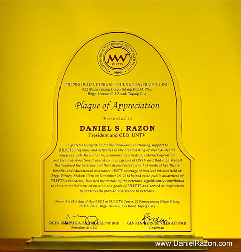 The Filipino War Veterans Foundation (FilVets) names UNTV-BMPI CEO Daniel Razon as one of its ten outstanding partners in helping the veteran soldiers of World War II. (Image grabbed from UNTV’s video)